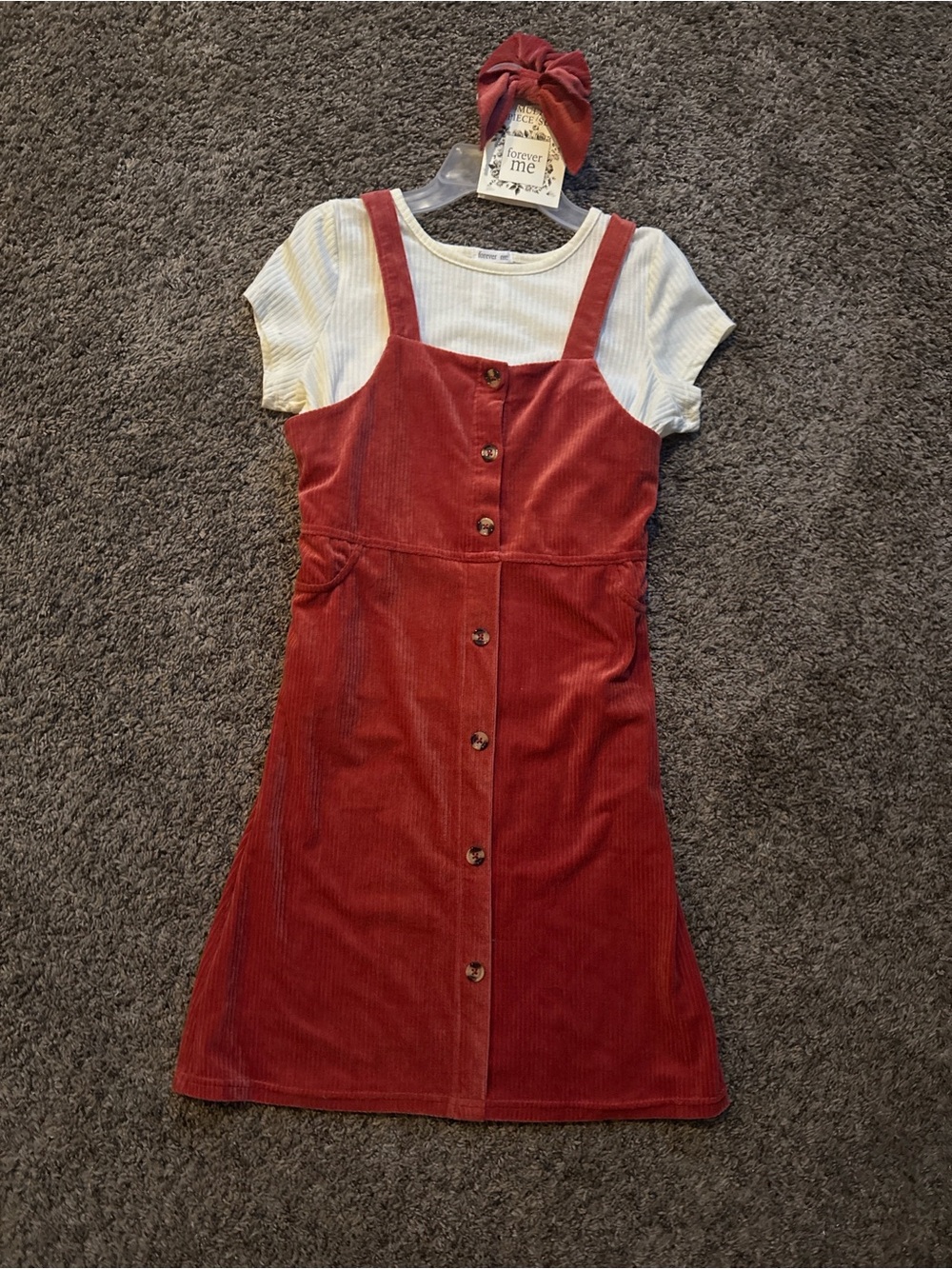 Forever Me Rust Corduroy Button-Front Pinafore Dress with Cream Tee